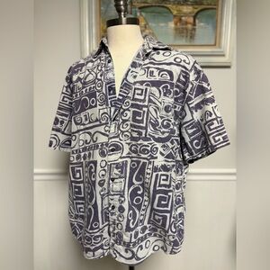 Raw Silk UOMO Men’s SzL Short Sleeve 100% Silk Geometric Collared Button Down